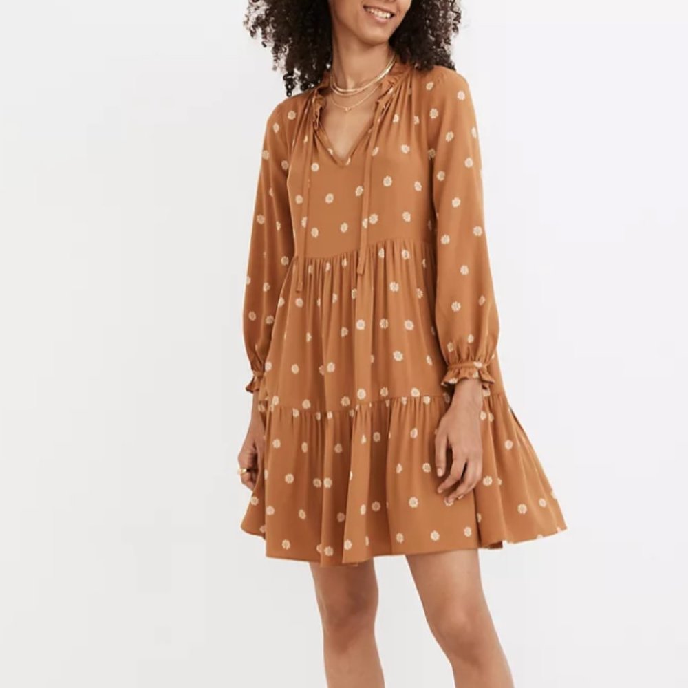 Madewell Tie-Neck Tiered Mini Dress in Bloom Dot